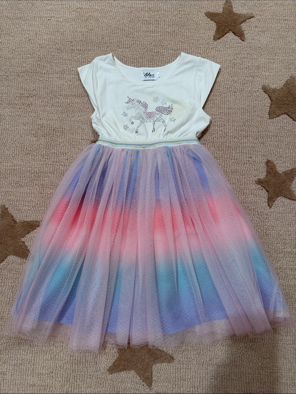 Lola + The Boys White Unicorn Tee with Pastel Rainbow Tulle Skirt